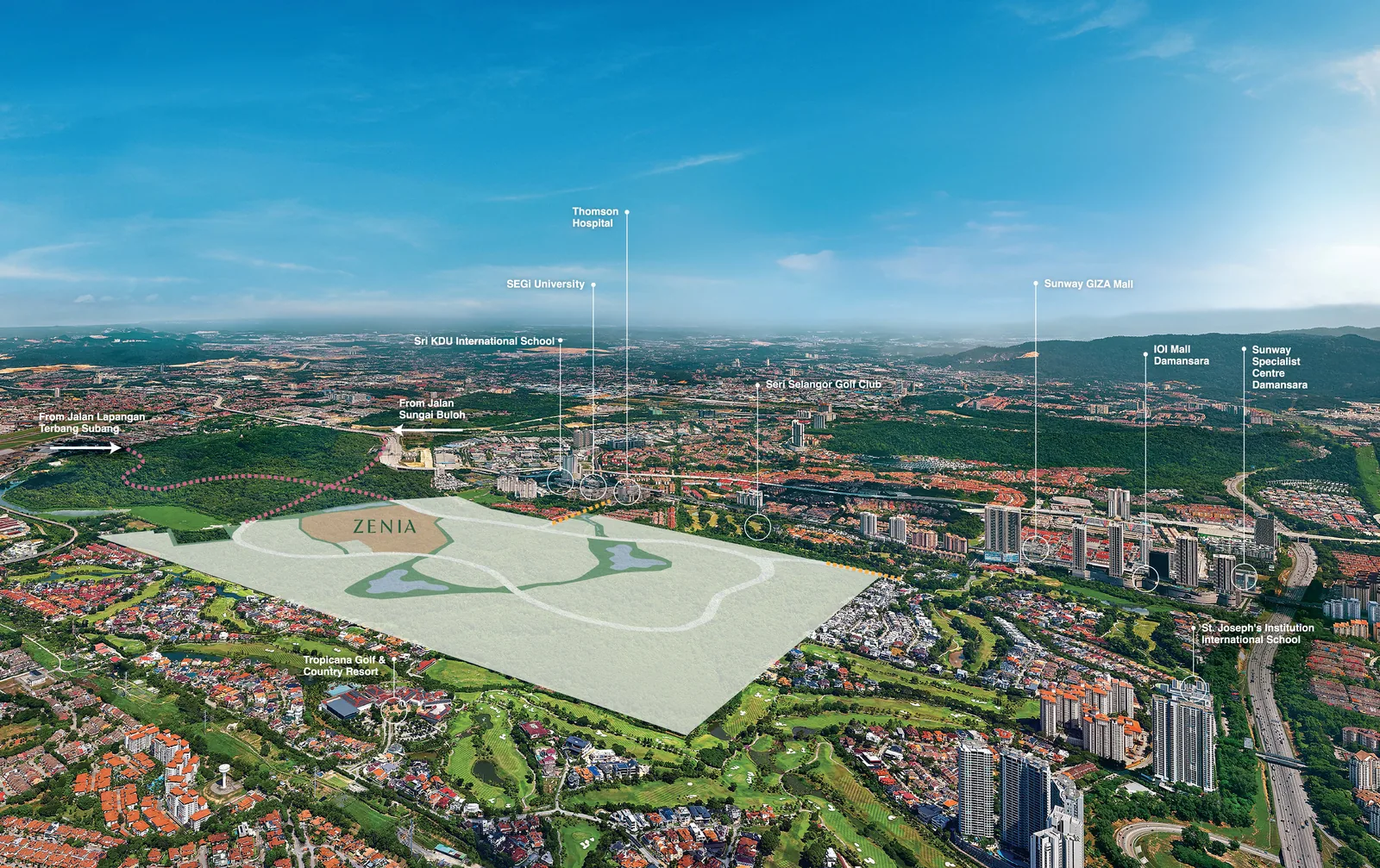 Aerial view showing Zenia within reach of Thomson Hospital, SEGi University, IOI Mall Damansara and more