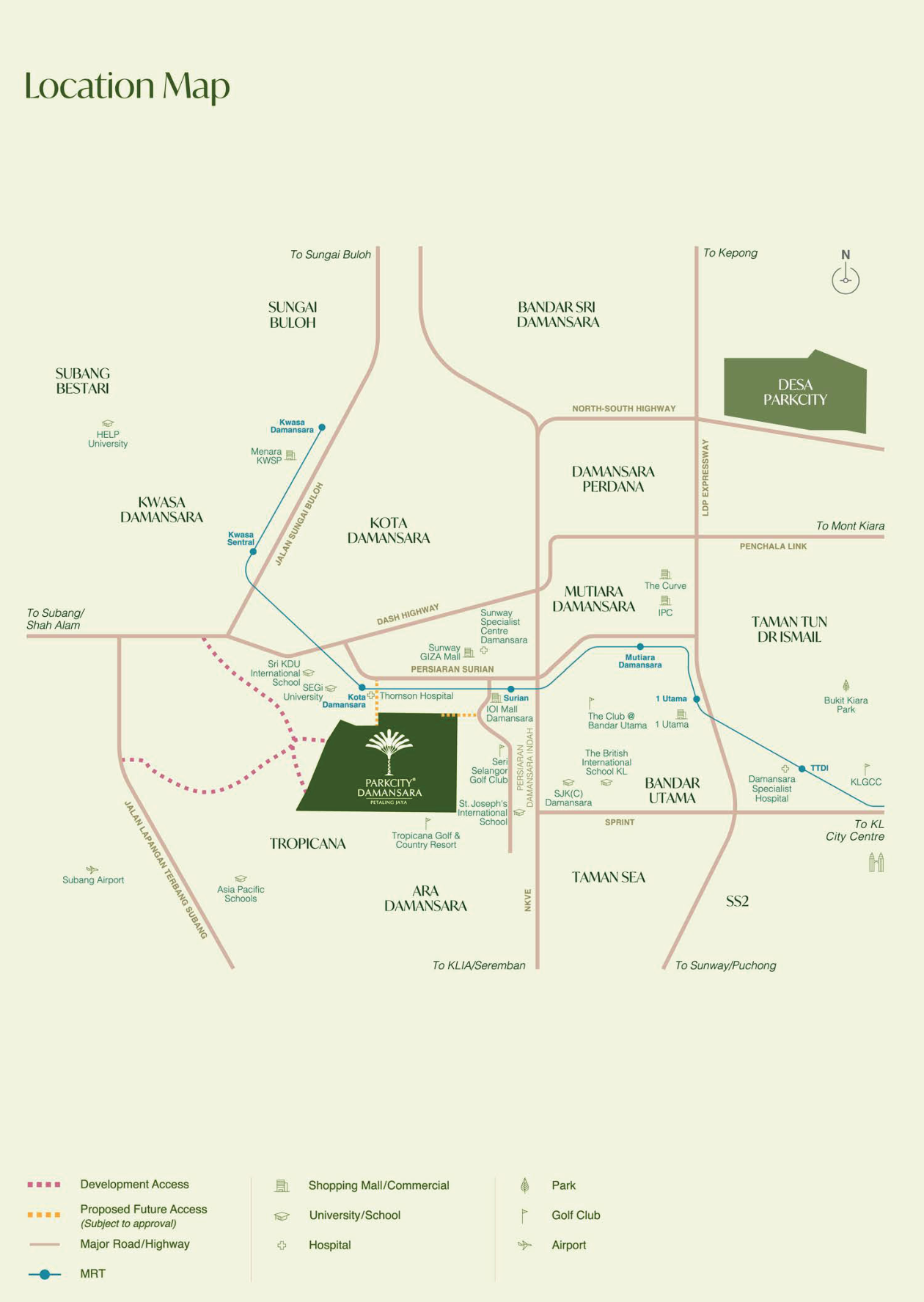 Location map of ParkCity Damansara within Petaling Jaya, showing roads, MRT, malls and Desa ParkCity
